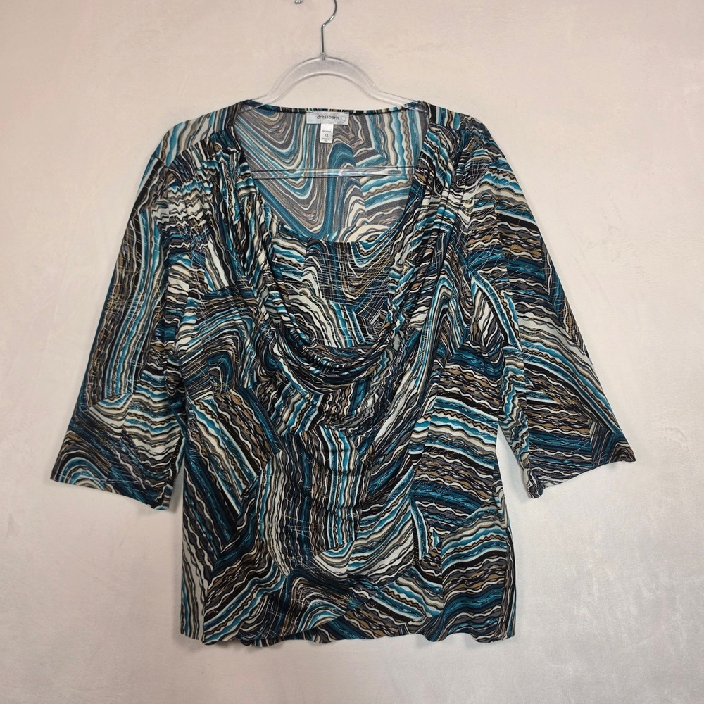 Dressbarn Blouse Womens 1X Blue Brown Abstract Swirl Boho Whimsical Metallic - Picture 2 of 13